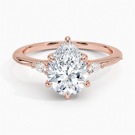14K Rose Gold Camellia Three Stone Pear Diamond Ring