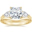 18K Yellow Gold Luxe Opera Three Stone Diamond Ring with Petite Curved Wedding Ring