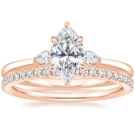 14K Rose Gold Perfect Fit Three Stone Pear Diamond Ring with Luxe Ballad Diamond Ring