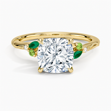 Camellia Milgrain Green Gemstone and Lab Diamond Ring