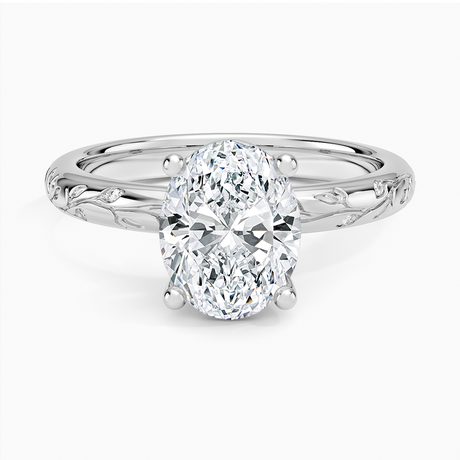 14K White Gold Verdure Engraved Diamond Solitaire Ring