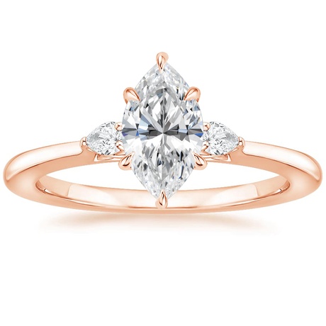 14K Rose Gold Perfect Fit Three Stone Pear Diamond Ring with Luxe Ballad Diamond Ring