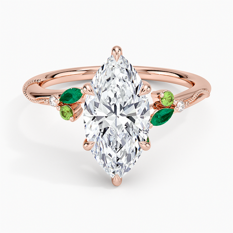 14K Rose Gold Camellia Milgrain Green Gemstone and Diamond Ring