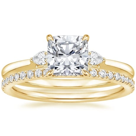 18K Yellow Gold Perfect Fit Three Stone Pear Diamond Ring with Luxe Ballad Diamond Ring