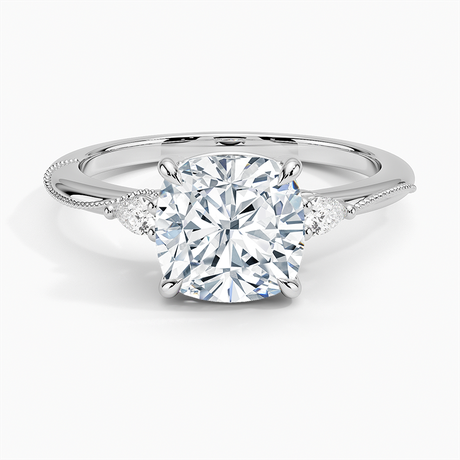 18K White Gold Camellia Three Stone Pear Diamond Ring