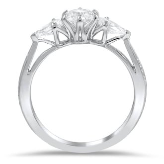 Custom Hand Engraved Three Stone Ring with Diamond Pear Accents
