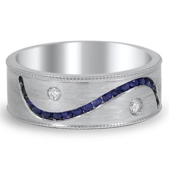 Custom Sapphire Wave and Diamond Wedding Ring