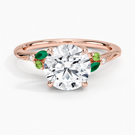 14K Rose Gold Camellia Milgrain Green Gemstone and Lab Diamond Ring