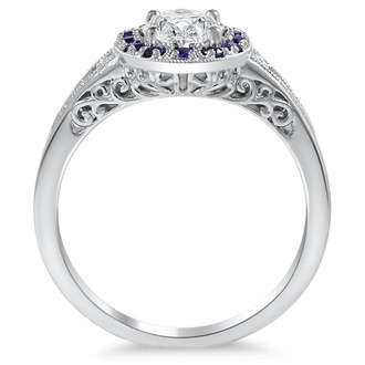 Custom Sapphire Accented Halo Ring with Ornate Filigree Details