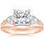 14K Rose Gold Luxe Opera Three Stone Diamond Ring with Petite Curved Wedding Ring