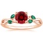 14K Rose Gold Willow Ring With Lab Emerald Accents, smalltop view