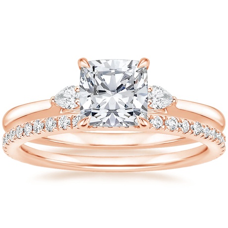 14K Rose Gold Perfect Fit Three Stone Pear Diamond Ring with Luxe Ballad Diamond Ring