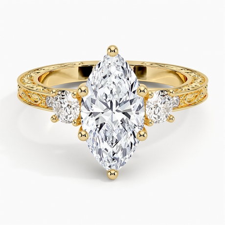 18K Yellow Gold Antique Scroll Engraved Three Stone Diamond Ring (1/3 ct. tw.)