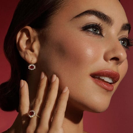 Elizabeth Taylor Lab Ruby and Lab Diamond Bezel Halo Drop Earrings