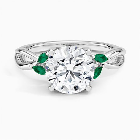 14K White Gold Willow Ring With Lab Emerald Accents