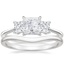 18K White Gold Princess Cut Three Stone Diamond Ring with Petite Curved Wedding Ring