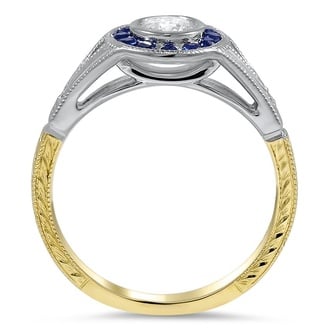Custom Mixed Metal Sapphire and Diamond Bezel Halo Ring