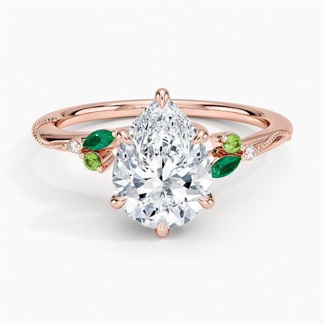 14K Rose Gold Camellia Milgrain Green Gemstone and Diamond Ring