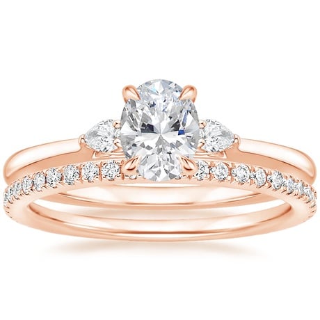 14K Rose Gold Perfect Fit Three Stone Pear Diamond Ring with Luxe Ballad Diamond Ring