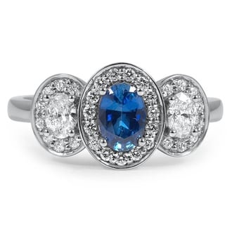 Custom Three Stone Oval Sapphire Halo Ring