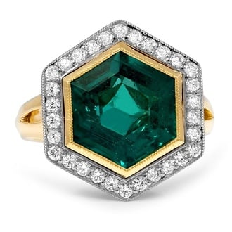 Custom Mixed Metal Hexagonal Emerald Halo Ring