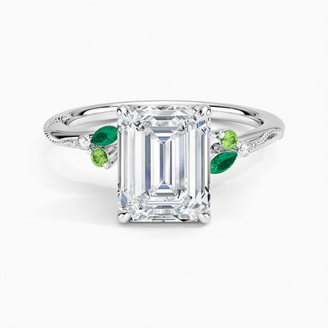 Platinum Camellia Milgrain Green Gemstone and Diamond Ring