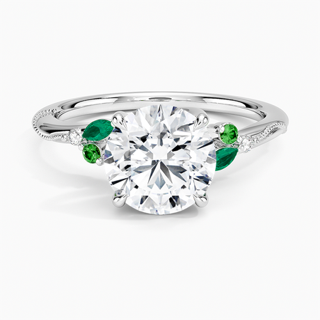 Platinum Camellia Milgrain Green Gemstone and Diamond Ring