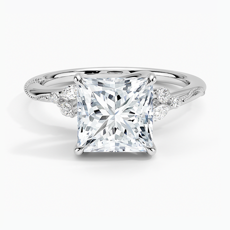 18K White Gold Camellia Milgrain Diamond Ring
