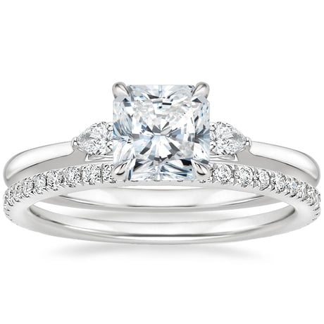 18K White Gold Perfect Fit Three Stone Pear Diamond Ring with Luxe Ballad Diamond Ring