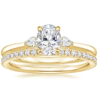 18K Yellow Gold Perfect Fit Three Stone Pear Diamond Ring with Luxe Ballad Diamond Ring