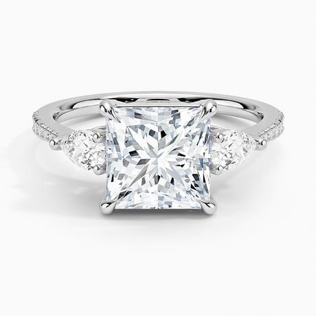 18K White Gold Opera Accented Three Stone Diamond Ring
