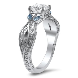 Custom Twisted Scroll Diamond Ring with Aquamarine Accents