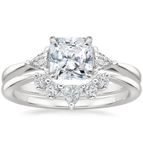18K White Gold Trillion Three Stone Diamond Engagement Ring with Hadley Contoured Diamond Ring
