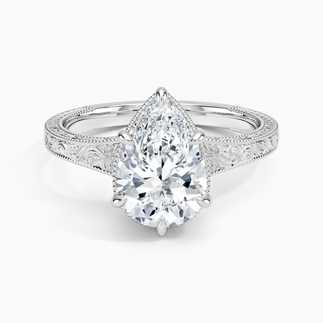 18K White Gold Tapered Elsie Engraved Solitaire Ring