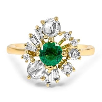 Custom Emerald and Rose Cut Diamond Antique Inspired Ring