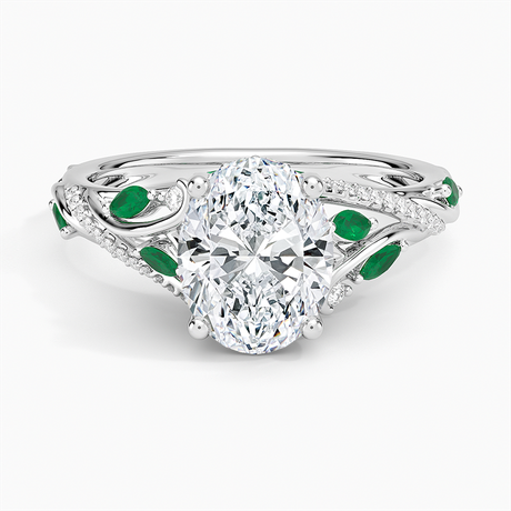 14K White Gold Begonia Vine Diamond and Lab Emerald Ring (1/8 ct. tw.)
