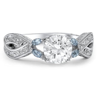 Custom Twisted Scroll Diamond Ring with Aquamarine Accents