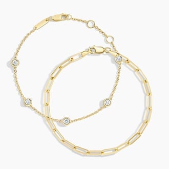 14K Yellow Gold The Enthusiast Paperclip and Diamond Bracelet Set