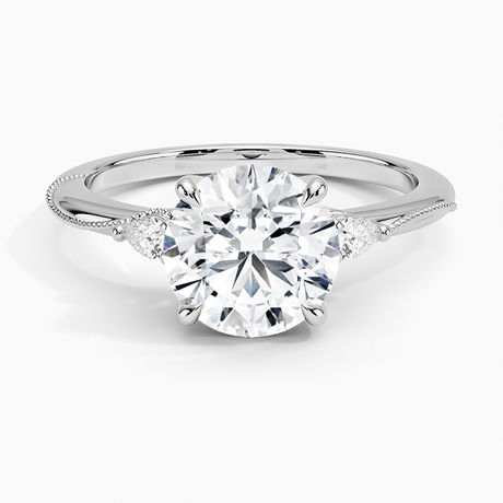 18K White Gold Camellia Three Stone Pear Diamond Ring