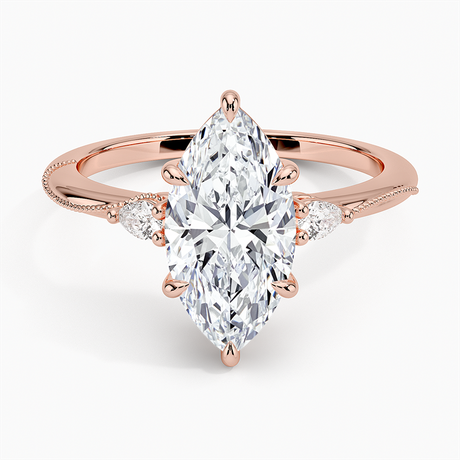 14K Rose Gold Camellia Three Stone Pear Diamond Ring