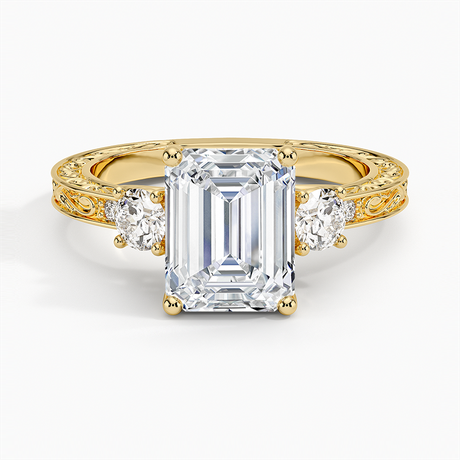 18K Yellow Gold Antique Scroll Engraved Three Stone Diamond Ring (1/3 ct. tw.)
