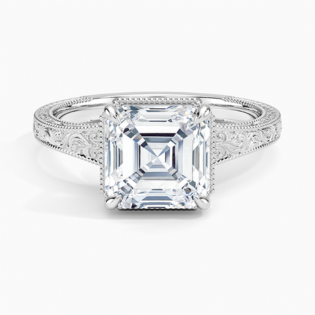 18K White Gold Tapered Elsie Engraved Solitaire Ring