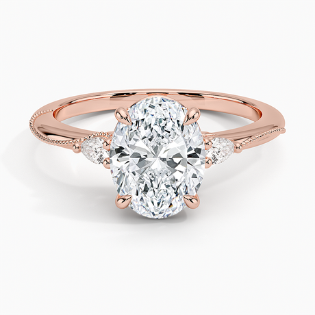 14K Rose Gold Camellia Three Stone Pear Diamond Ring