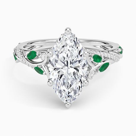 14K White Gold Begonia Vine Diamond and Lab Emerald Ring (1/8 ct. tw.)