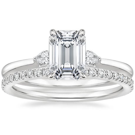 Platinum Perfect Fit Three Stone Pear Diamond Ring with Luxe Ballad Diamond Ring