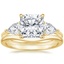 18K Yellow Gold Luxe Opera Three Stone Diamond Ring with Petite Curved Wedding Ring