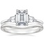 18K White Gold Bullet Shape Three Stone Diamond Ring with Petite Curved Wedding Ring