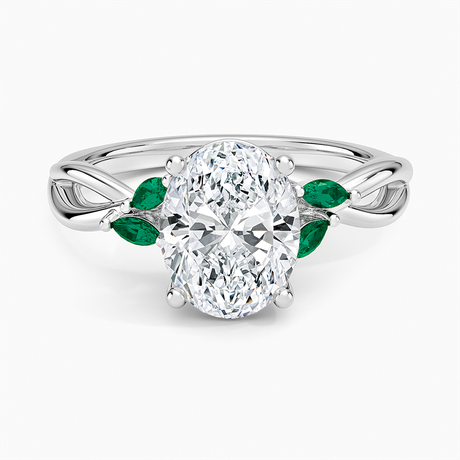 14K White Gold Willow Ring With Lab Emerald Accents