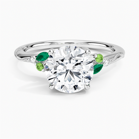 Platinum Camellia Milgrain Green Gemstone and Diamond Ring