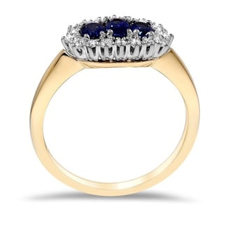 Custom Three Stone Sapphire and Diamond Halo Ring